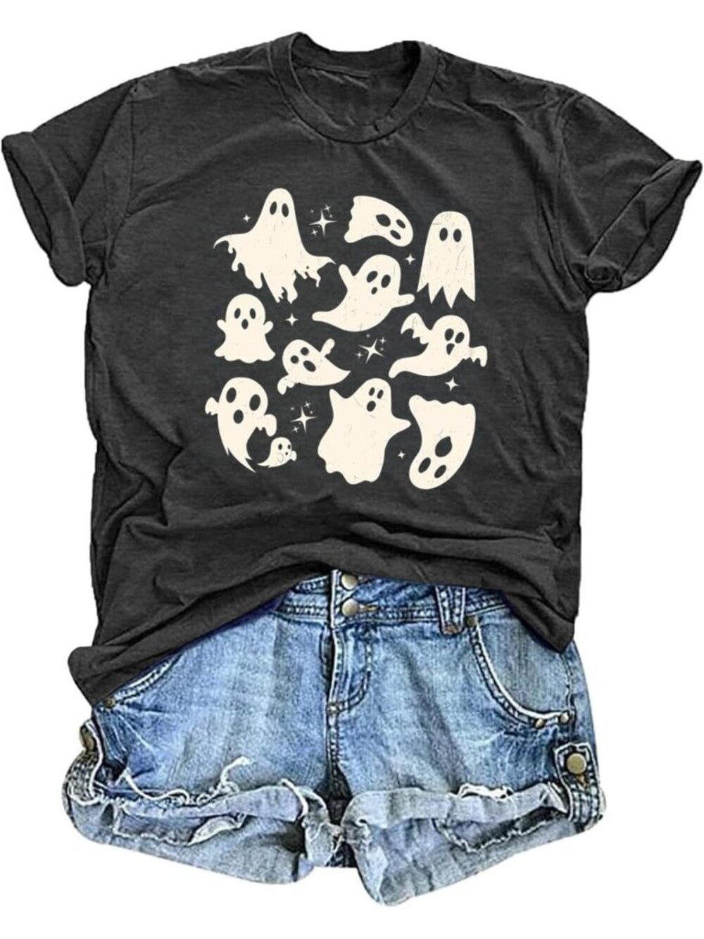 🆕 Women's Dark Grey Spooky Ghosts Halloween Graphic Tee Short Sleeve Shirt